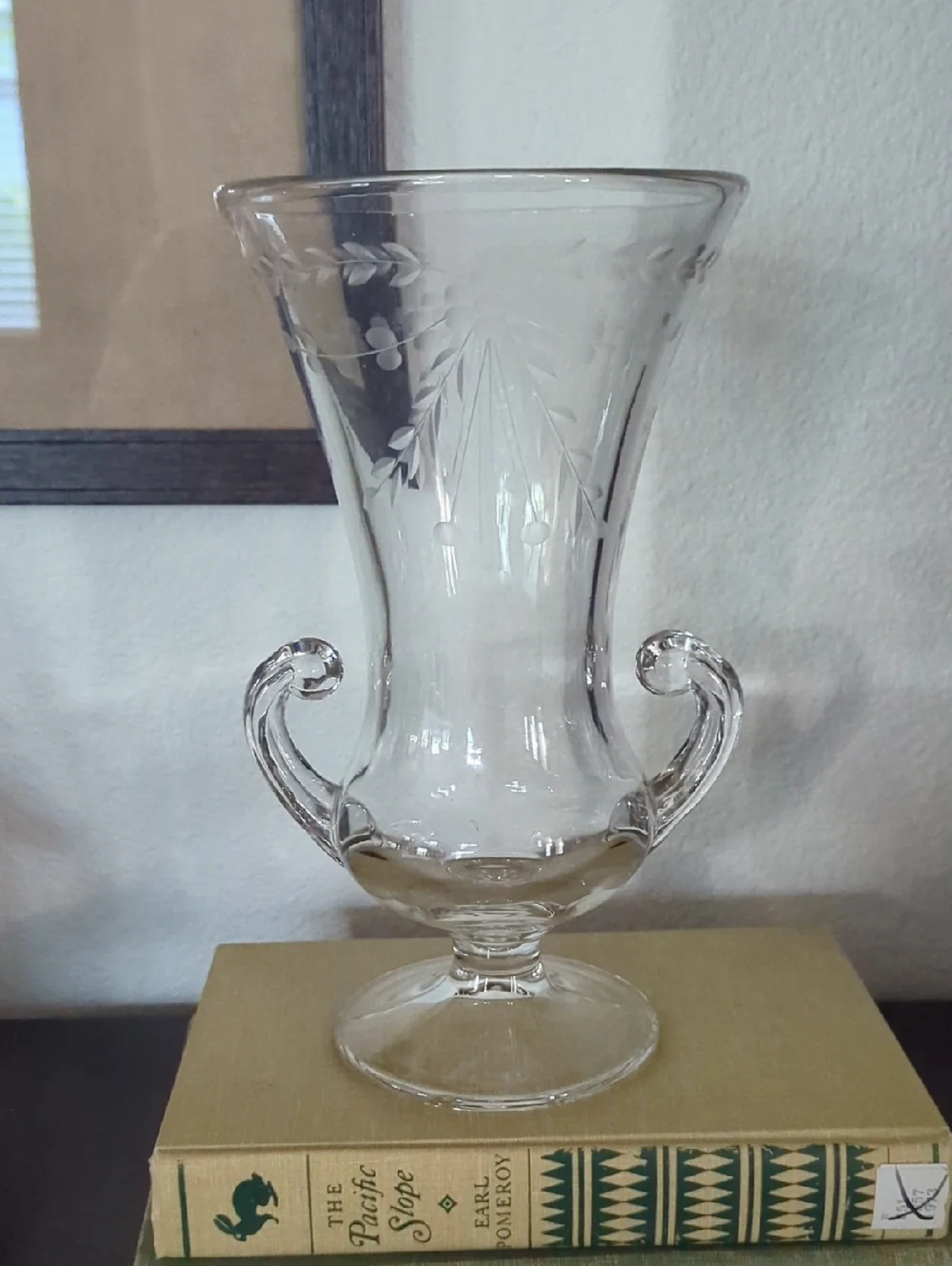 Vintage Etched Clear Glass Double-Handled Pedestal Vase